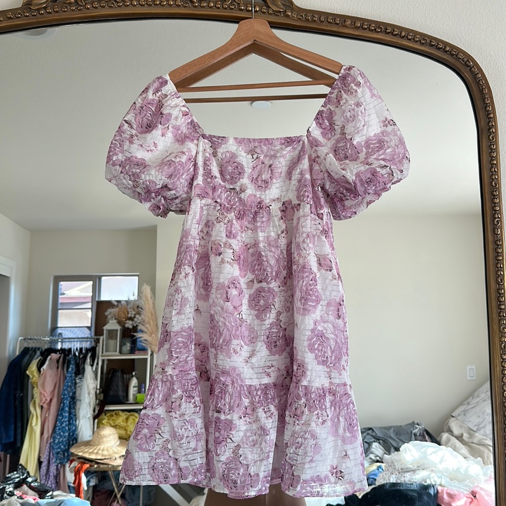 Vici Dolls mini puff dress white lavender floral small size NWT